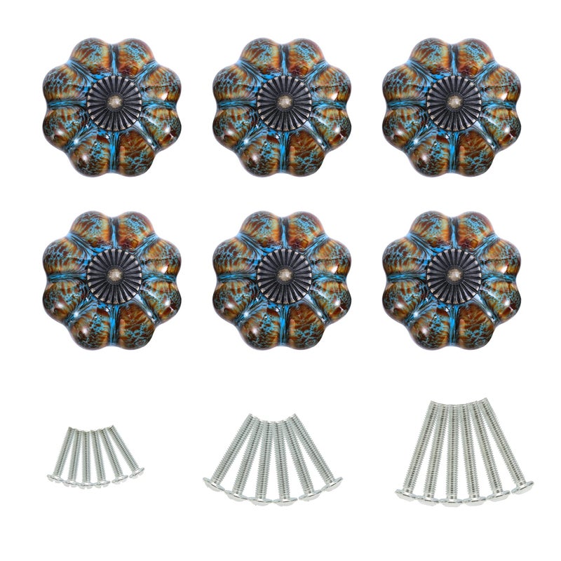 IEIK Cabinet Knobs 6 Pack Glazed Ceramic Knobs with Pumpkin Shape for Decor Door Pull Handle for Vintage Cabinet Drawers, Closets, Cupboard (Blue) - Image 2